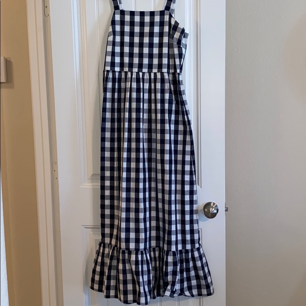 Navy and white gingham maxi dress w/ ruffle detail